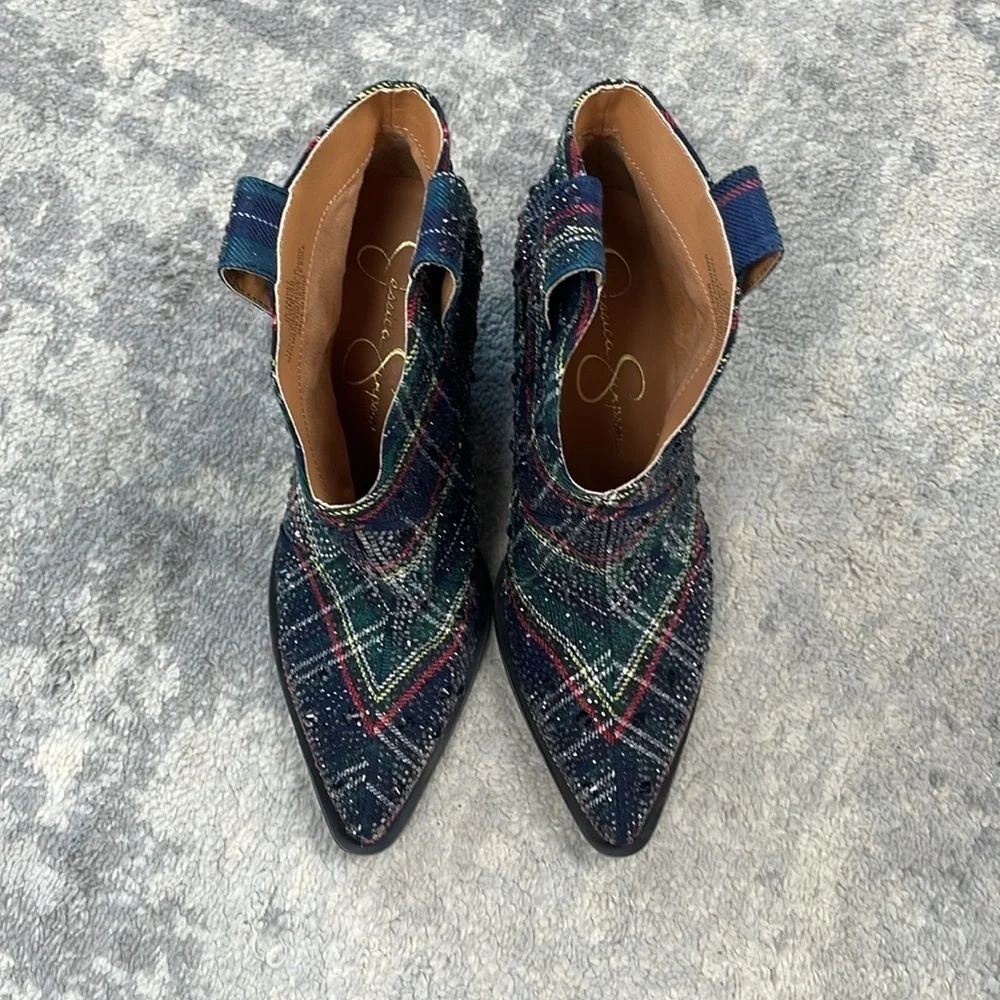 New Jessica Simpson Zadie Rhinestone Plaid Tartan Ankle Boots Western Sz 5.5
